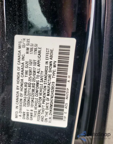2014 Honda Cr-V Exl from USA, damaged, VIN 2HKRM3H74EH528519